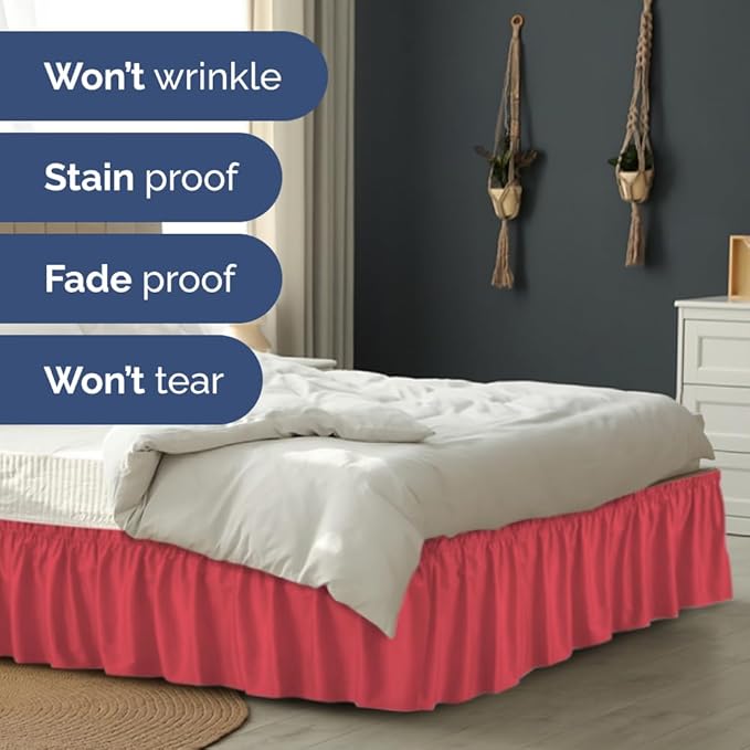 Wrap Around Dust Ruffle Bed Skirt - Red - for Full Size Beds with 18 Inch Drop - Easy Fit Elastic Strap - Adjustable Pleated Bedskirt w/Brushed Fabric - Wrinkle Free - for Women, Men, Kids & Teens
