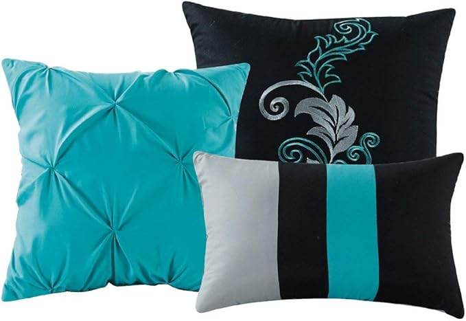Chezmoi Collection Napa 7-Piece Luxury Leaves Scroll Embroidery Bedding Comforter Set (Oversized King, Teal Blue/Gray/Black)