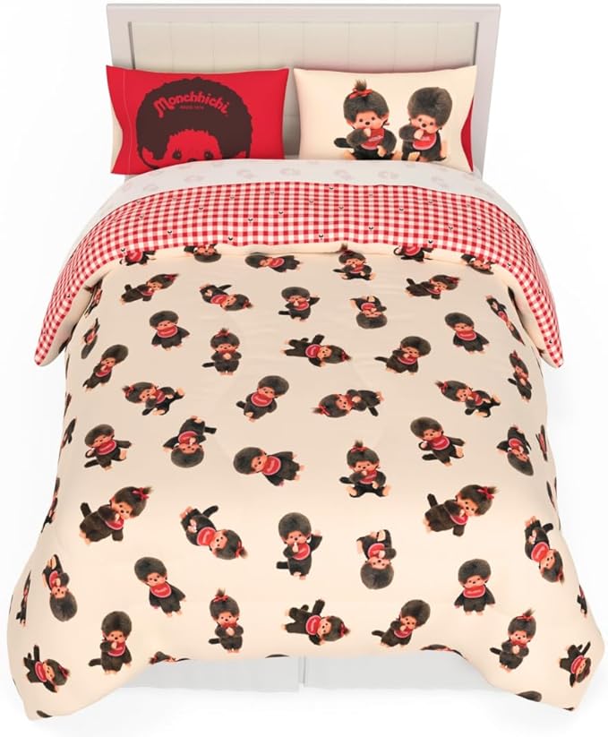 Monchhichi Bedding 7 Piece Queen Bed Set, Soft Cozy Nostalgia Reversible Comforter and Sheet Set with Sham, Officially Licensed Product by Franco
