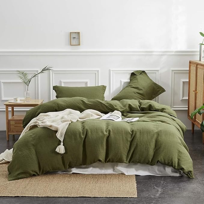 Simple&Opulence 100% Linen Duvet Cover Set, 3 PCS Natural French Flax Olive Green Duvet Cover King Size, Breathable Soft Comfy Linen Bedding Comforter Cover with 2 Pillowcases(Olive Green, 104"x92")