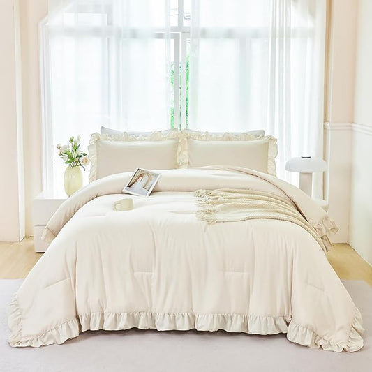 ANGIYUI 5Pcs Camel Ruffle Comforter Set Queen Size Boho Bedding Comforter Sets Vintage Farmhouse Bed Comforter Set Soft Fluffy Bed in A Bag for Gilrs Women(Camel Queen)