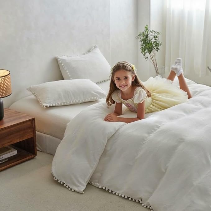 Simple&Opulence French Linen Blended Duvet Cover Queen, Flax Viscose Derived from Bamboo Bedding Set with Pom Pom Trim Soft Cooling for Hot Sleepers, 1 Boho Comforter Cover and 2 Pillow Shams, White