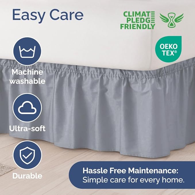 Wrap Around Dust Ruffle Bed Skirt - Steel Blue - for Queen Size Beds w/ 15 Inch Drop - Easy Fit Elastic Strap - Adjustable Pleated Bedskirt w/Brushed Fabric - Wrinkle Free, Women, Men, Kids & Teens