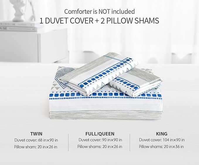 SLEEPBELLA Boho Queen Size Duvet Cover Set - Cotton Reversible Blue/White with Button Closure & Soft, Breathable Fabric