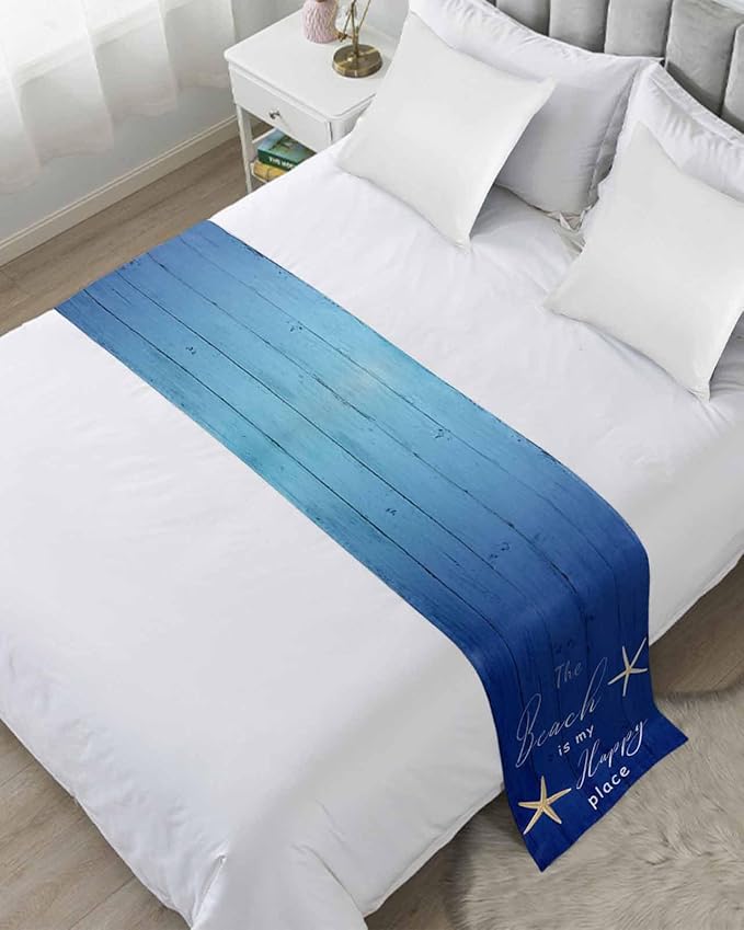 Happy Beach Place Marine Starfish Bed Runners for Bedroom Hotel,Decorative Bedding Scarf Gradient Blue Wood Grain Bed End Blanket Bedding Runner Scarves for Queen Size Bed,94x20in