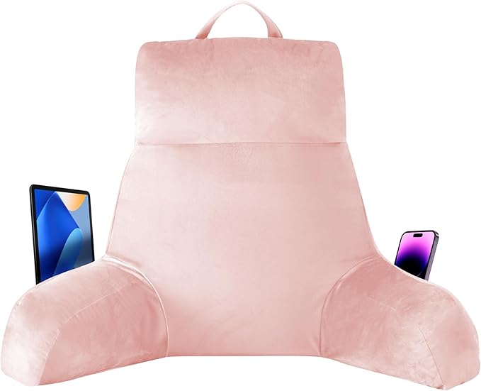 Back Pillow for Bed Sitting up, Reading Pillow for Sitting in Bed Adult, Back Support Pillow, Memory Foam Sit up Lounge Backrest Pillow with Arms for TV, Couch, Chair, Dorm, 24 Inch, Pink