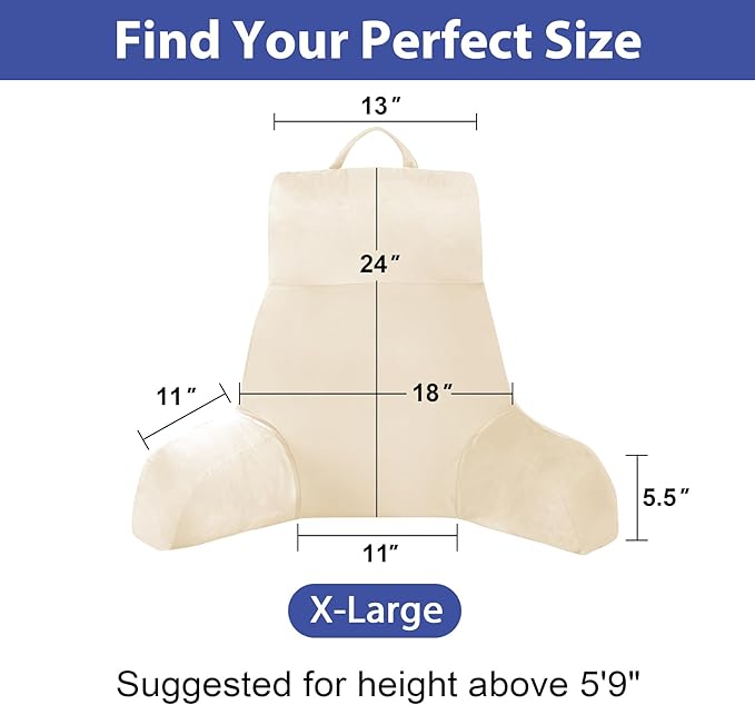 Back Pillow for Bed Sitting up, Reading Pillow for Sitting in Bed Adult, Back Support Pillow, Memory Foam Sit up Lounge Backrest Pillow with Arms for TV, Couch, Chair, Dorm, 24 Inch, Beige