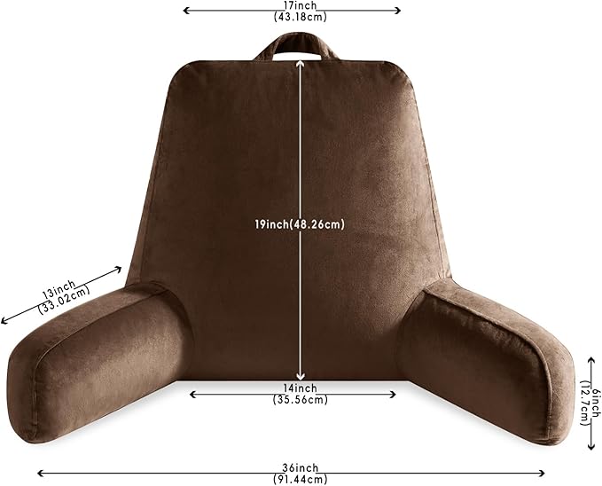 Reading Pillow for Sitting in Bed Adult, Reading Pillow with Shredded Memory Foam, Back Pillow for Sitting Up with Extend Arms, Pockets, Bed Pillow with Washable Cover,Brown, X-Large