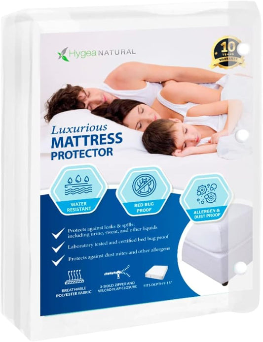 Hygea Natural Luxurious Mattress Protector- Water Resistant,Washable, Breathable and Stretchable up to 15 in.- Zippered Mattress Cover (California King)