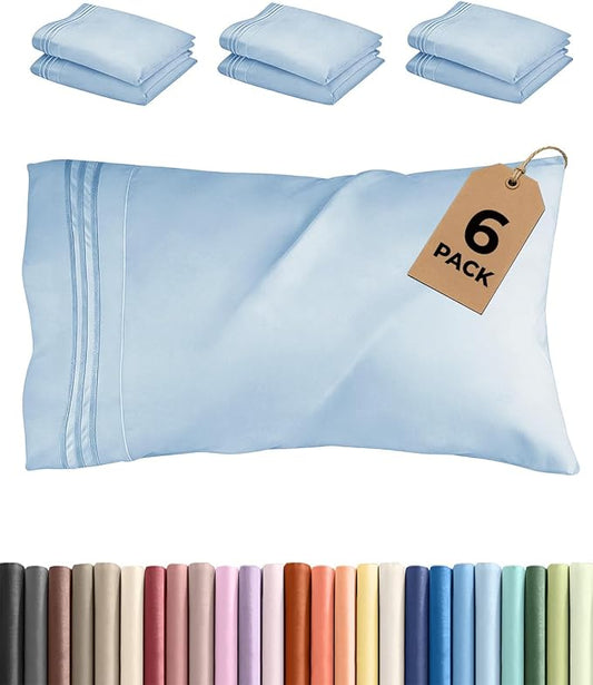 Queen Pillow Cases Set of 6 - Ultra Soft Hotel Quality Pillowcase Covers - Comfy, Cozy & Wrinkle Free - Shrink, Stain & Fade Resistant - Machine Washable Pillow Protectors - 6 Piece Set - Light Blue
