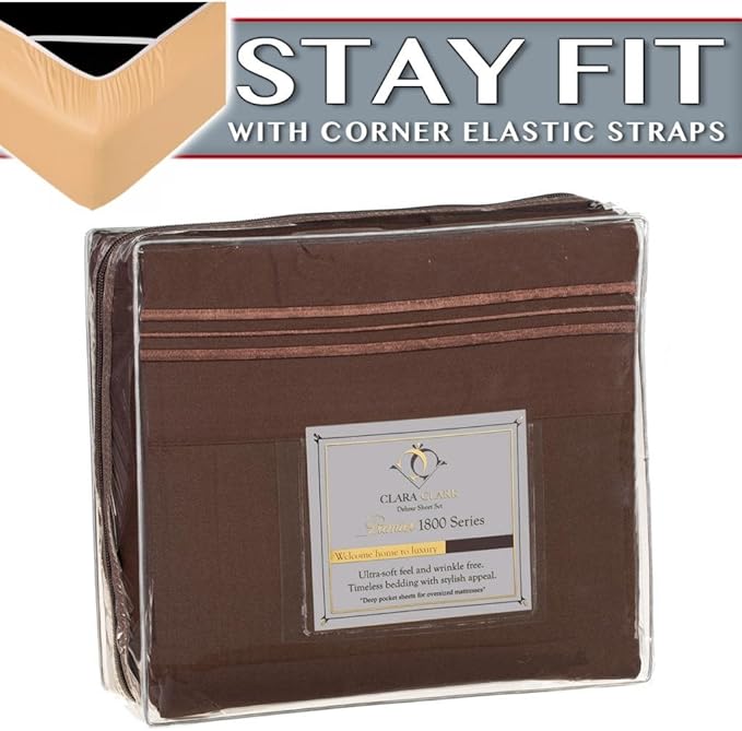 Clara Clark 1800 Series Bed Sheet Sets - Stay fit on Mattress with Elastic Straps at Corners - Cal King Size, Chocolate Brown