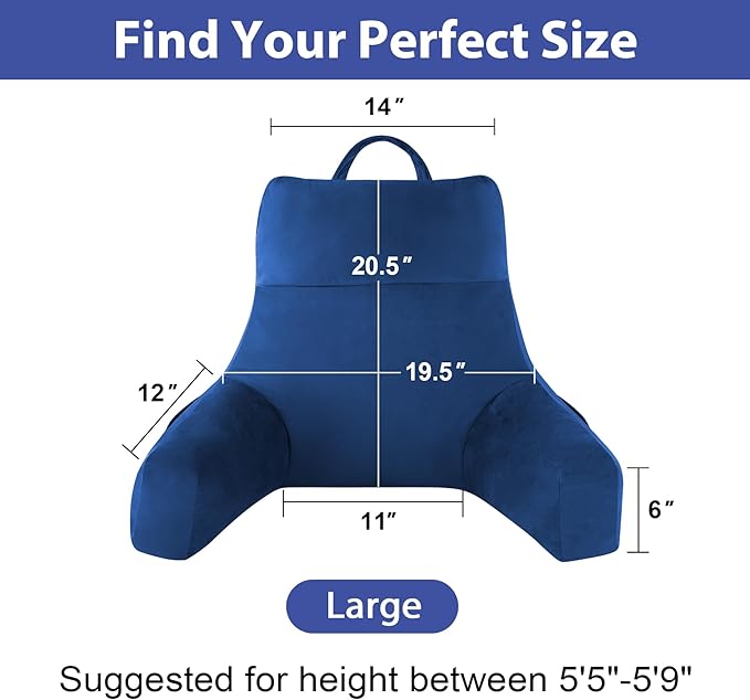 Reading Pillow with Arms for Adults, Back Pillow for Bed Sitting Up, Shredded Memory Foam Backrest Pillow with Pockets & Removable Washable Cover, Lounging, Watching TV, Reading(20inch Navy)