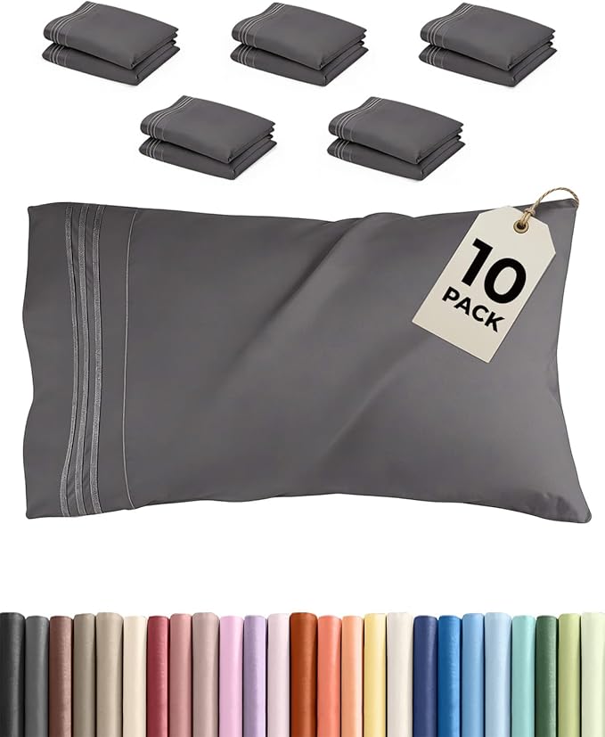 Queen Pillow Cases Set of 10 - Ultra Soft Hotel Quality Pillowcase Covers - Comfy, Cozy & Wrinkle Free - Shrink, Stain and Fade Resistant - Machine Washable Pillow Protectors - 10 Pcs Set - Dark Grey