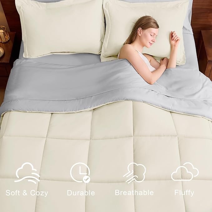 FUANNA Queen Comforter Set 7 Pieces, Reversible Bed in a Bag with All Season Soft Comforter, Bedding Sets Includes Comforter, Flat Sheet, Fitted Sheet, Pillowcases & Shams, Cream White & Light Grey