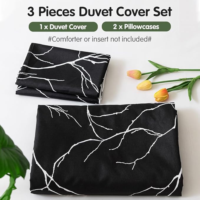 Lekesky Reversible Duvet Cover Queen Size, Black Branch Comforter Cover Queen 3pcs Microfiber Botanical Bedding Set with Zipper Closure Corner Ties