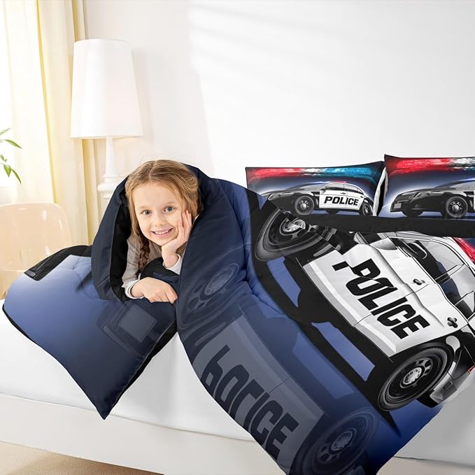 Erosebridal Police Car Comforter Sets Full Size,Policeman Vehicle Bedding Set for Kids Boys Children,Red Blue Cop Lights Down Comforter Geometric Graphics Duvet Sets Bedroom Decor with 2 Pillow Cases