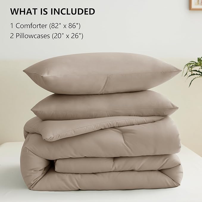 CozyLux Full Size Comforter Set Khaki, 3 Pieces Solid Breathable Quilted Style Bedding Sets, Luxury Fluffy Soft Bed Set with Down Alternative Comforter for All Season (1 Comforter & 2 Pillowcases)