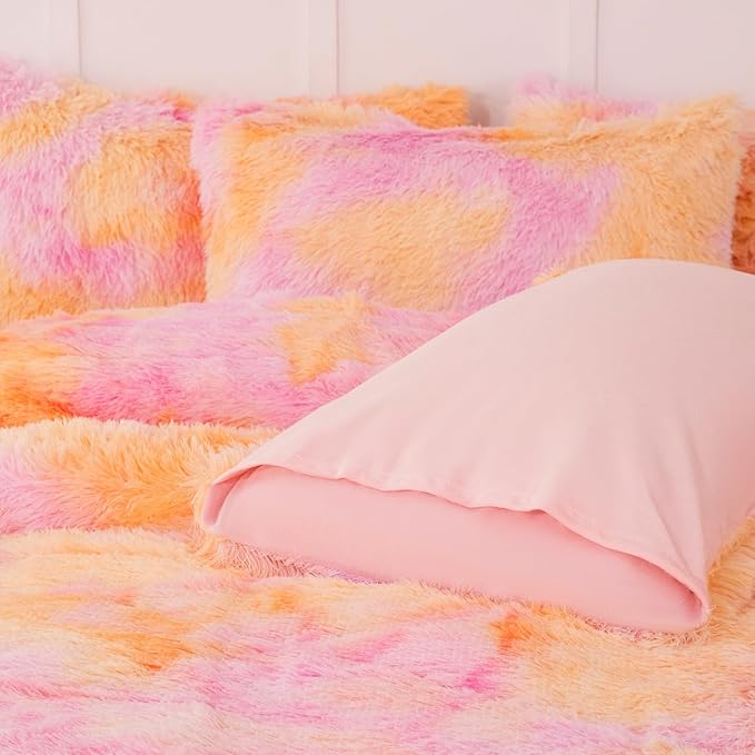PERFEMET Orange Faux Fur Plush Comforter Set Full Size 3 Pieces Colorful Fluffy Tie Dye Girls Bedding Set Ultra Soft Warm Velvet Furry Fuzzy Bed Comforter(Orange Pink, Full)
