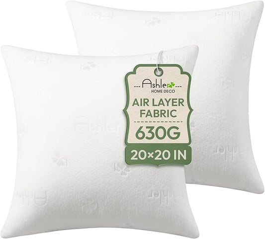 Ashler Throw Pillows Insert- 20x20 Pillow Inserts with Air Layer, Premium Bed and Couch Pillows - Indoor Decorative Throw Pillow, Square Cushion Sham Stuffer, Pack of 2, White