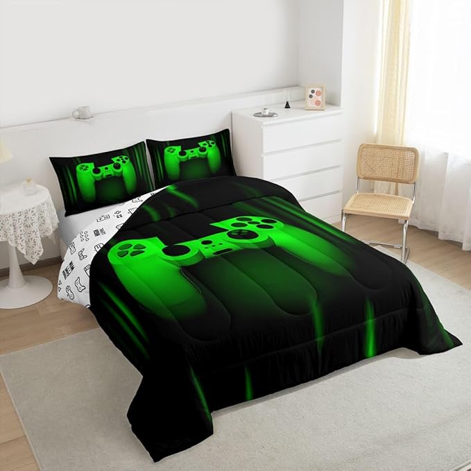 Feelyou Boys Gamer Comforter Set Full Size Bedding Set for Kids Gaming Comforter Green Black Video Games Gamepad Room Decor for Teens Child Super Soft Geometric Duvet Quilted Son Grandson Gift