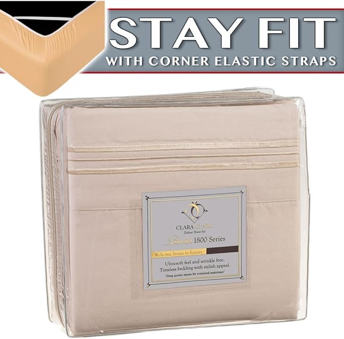 Clara Clark 1800 Series Bed Sheet Sets - Stay fit on Mattress with Elastic Straps at Corners - Full (Double), Beige Cream