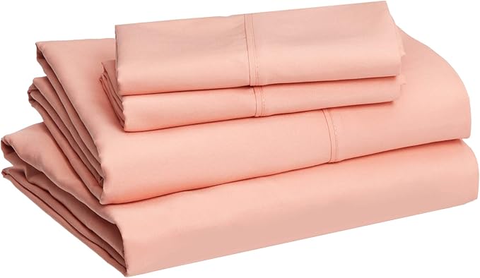 Amazon Basics Lightweight Super Soft Easy Care Microfiber 4-Piece Bed Sheet Set with 14-Inch Deep Pockets,Includes Comfortable Pillowcases,Queen,Peachy Coral,Solid,(Pack of 4)