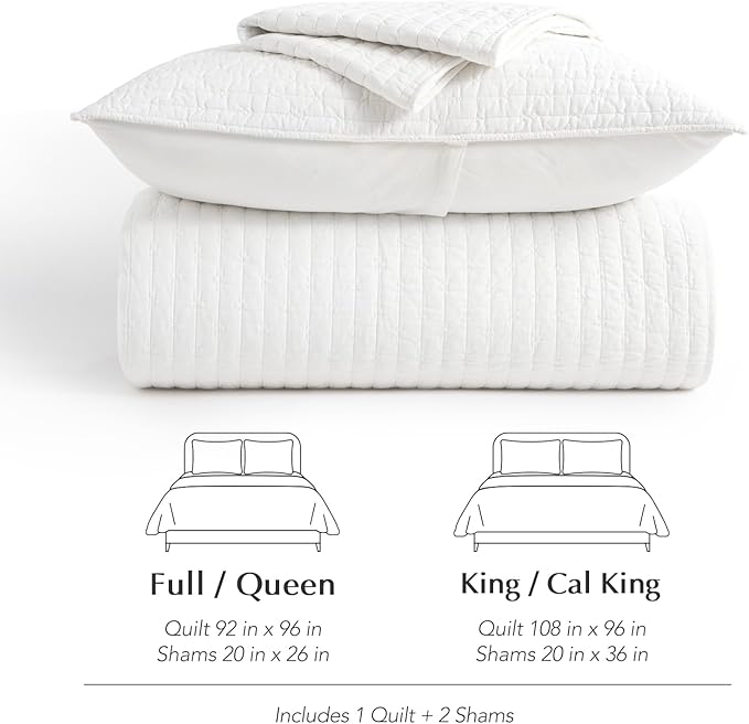 EVERGRACEHOME Cross Stitch Pre-Washed Cotton Quilt Bedding Set Queen Size, Oversized 3 Pieces Lightweight Bedspread Coverlet for All Season, with 2 Matching Shams, Bright White, 92"x96"