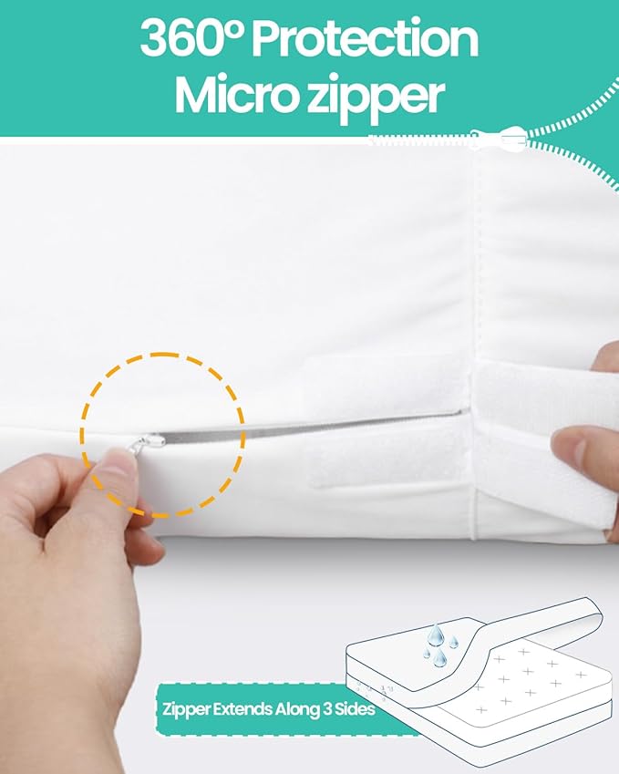 Premium Queen Waterproof Mattress Cover 2 Pack, Zippered Mattress Protector, 9 Inch Deep, 6-Sided Mattress Encasement - White