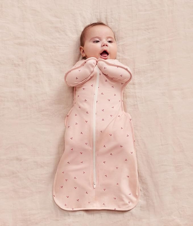Love to Dream Swaddle Up Bamboo, Arms Up Position, Soft and Luxurious 100% Viscose from Bamboo - Wearable Blanket - 1.0 TOG - (20-24°C) Ideal for Moderate Temps (Cherries Blush, Small, 3.5–6kg)