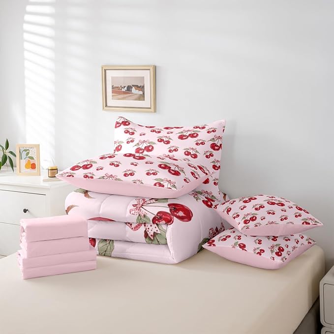 Feelyou Red Cherry Comforter Set with Sheets 7 Piece Twin Size Pink Bowknot Bed in a Bag Kids Boys Girls Cartoon Cherry Bedding Set Cute Bow Bedroom Decor Breathable Soft Lightweight Microfiber