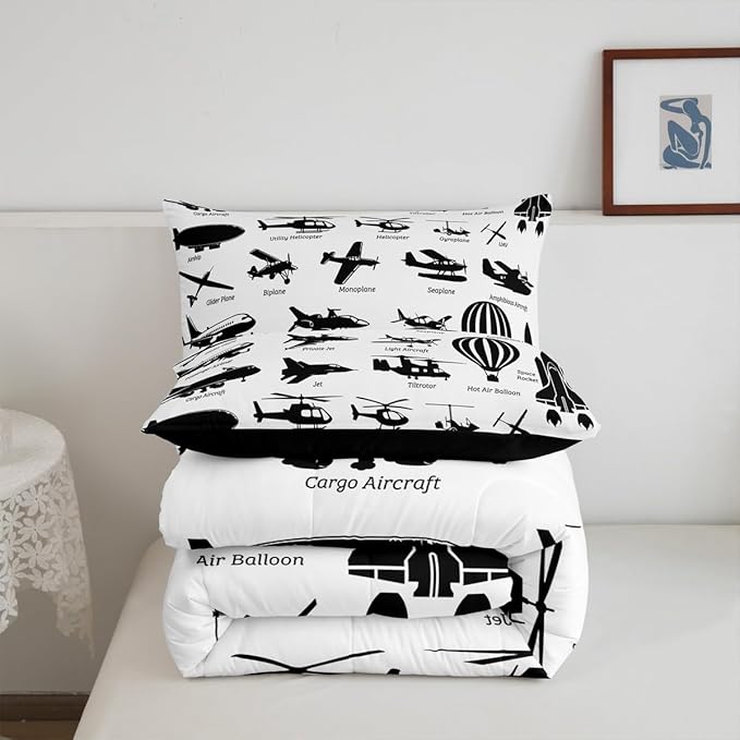 Erosebridal Airplane Comforter Set Full,Black White Airplanes Bedding Set Space Rocket Aircraft Down Comforter for Boys Kids Teens Room Decor,Helicopter Biplane Quilt Duvet Sets with 2 Pillow Cases
