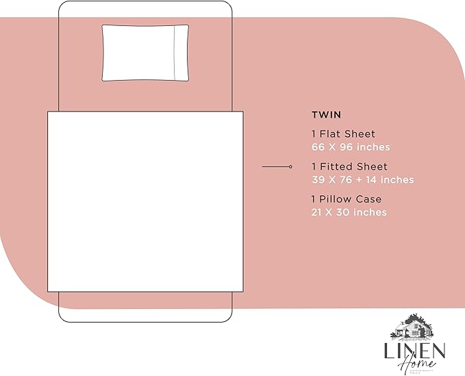 Linen Home 100% Cotton Percale Sheets Twin Size, Rose Clay, Deep Pocket, 3 Pieces Set - 1 Flat, 1 Deep Pocket Fitted Sheet and 1 Pillowcase, Crisp Cool and Strong Bed Linen