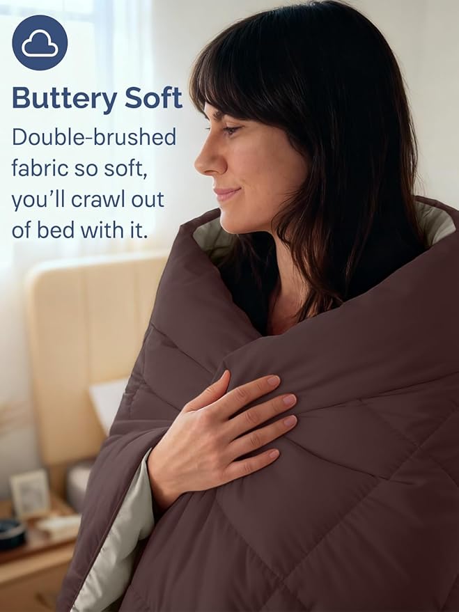 Queen Size, Brown/Beige Alternative Down Comforter - Warm, Lightweight & Breathable Hotel Quality Bedding for Men, Women, Kids & Teens - All Season Oversized Cooling Microfiber Duvet Insert Comforter
