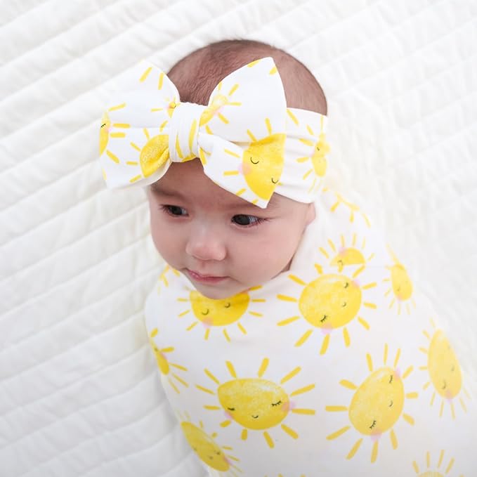 Little Sleepies Swaddle & Headband Bow Set, Viscose from Bamboo Baby Swaddles, Newborn Baby Girl Clothes (Luxe Sunshine)