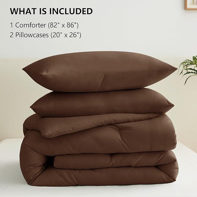 CozyLux Full Size Comforter Set Brown, 3 Pieces Solid Breathable Quilted Style Bedding Sets, Luxury Fluffy Soft Bed Set with Down Alternative Comforter for All Season (1 Comforter & 2 Pillowcases)