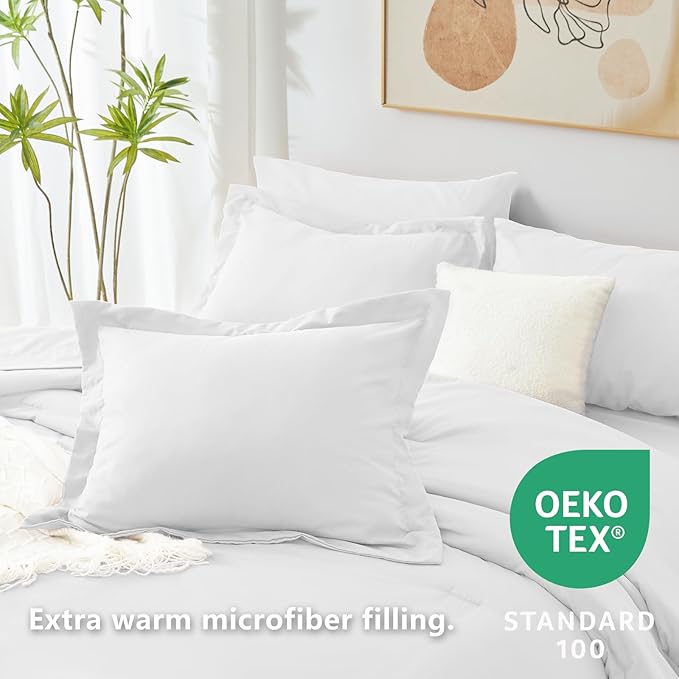 CozyLux Queen Comforter Set White, 7 Pieces Bed in a Bag Soft Bedding Comforter Set with Sheets, All Season Boho 7PC Bed Sets with Comforter, Fitted Sheets, Flat Sheets, Pillow Shams and Pillowcases