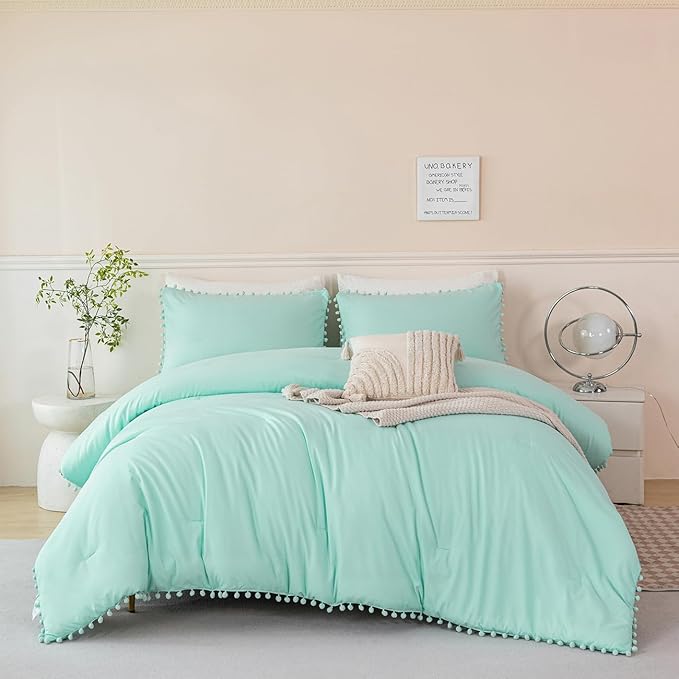 PERFEMET Mint Green Comforter Twin Size 5 Piece Bed in A Bag Set Boho Pom Pom Girls Bedding Comforter Set Soft Fluffy Kids Solid Bed Set with Sheet(Mint Green, Twin)