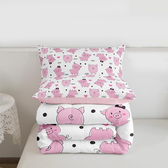 Erosebridal Pink Pig Comforter Set for Girls Kawaii Room Decor Queen,Cute Pigs Bedding Set for Kids Boys Children Farm Animal Quilted Duvet Sets Cartoom Style Soft Lightweight Down Comforter 3 Pcs