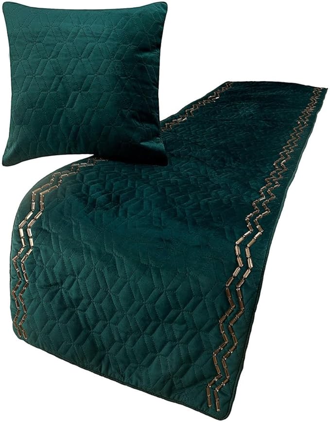 The HomeCentric King Queen Twin Teal Blue Decorative CA King 86"x18" Bed Runner with Pillow Cover, Quilted & Crystals Bed Scarf on Velvet Fabric - Teal Diamond Symphony