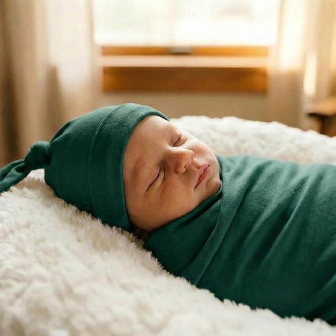 Large Jersey Knitted Swaddle Blanket for Baby, Soft Stretchy Receiving Blanket for Newborns with Hat, Baby Nursery Swaddle 47 x 47 inches(Peacock)