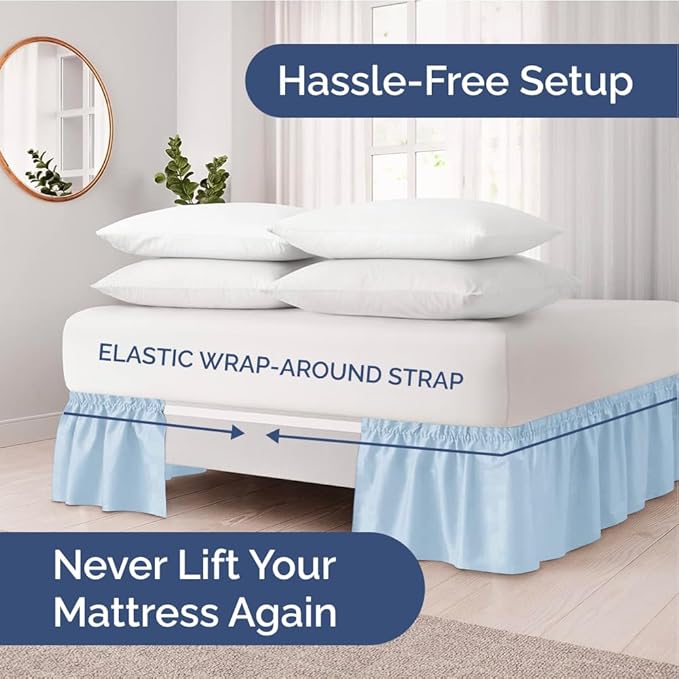 Wrap Around Dust Ruffle Bed Skirt - Sky Blue - for King Size Beds w/ 15 Inch Drop - Easy Fit Elastic Strap - Adjustable Pleated Bedskirt w/Brushed Fabric - Wrinkle Free, Women, Men, Kids & Teens