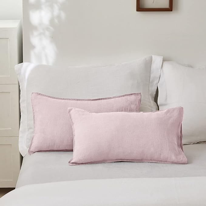 Simple&Opulence 100% Linen Lumbar Pillow Cover 12 x 20 Inches Set of 2 Rectangular Decorative Throw Cushion Cover for Couch Sofa Bed Living Room Office Soft Breathable Farmhouse - Blush Pink