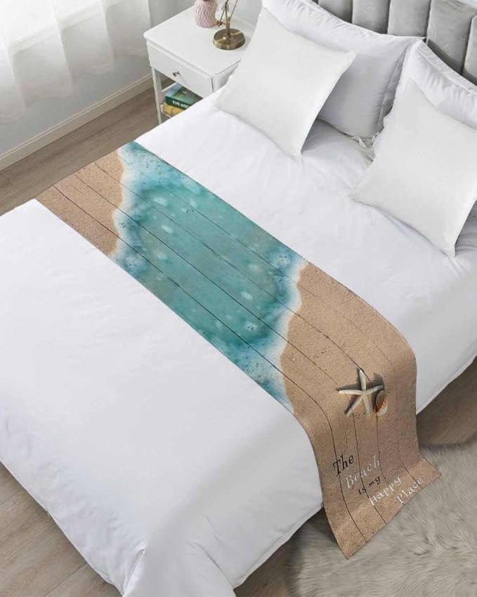 Coastal Ocean Starfish and Shell Sand Bed Runners for Bedroom Hotel,Decorative Bedding Scarf The Beach is My Happy Place Bed End Blanket Bedding Runner Scarves for Twin Size Bed,71x20in