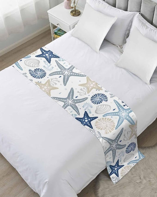 Blue Khaki Coral Bed Runner for Twin Size Bed, Bedspread Protector Slipcover Bed Scarf for Foot Bed Runners & Scarves for Bedroom Hotel 71x20 Inches Spring Summer Coastal Starfish Beach Nautical Conch