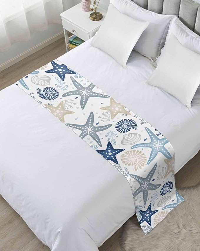 Blue Khaki Coral Bed Runner for Full/Queen Size, Bedspread Protector Slipcover Scarf 83x20 Spring Summer Coastal Starfish Beach Nautical Conch