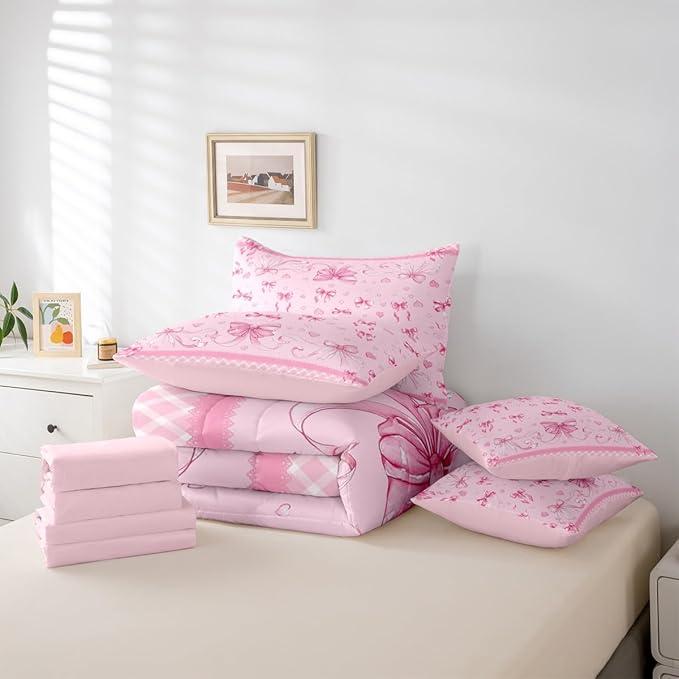 Feelyou Pink Bowknot Twin Comforter Set with Sheets for Kids Boys Girls Dreamy Princess 7 Pieces Bedding Set Cute Bow Bed in a Bag Love Hearts Room Decor Soft Lightweight Microfiber