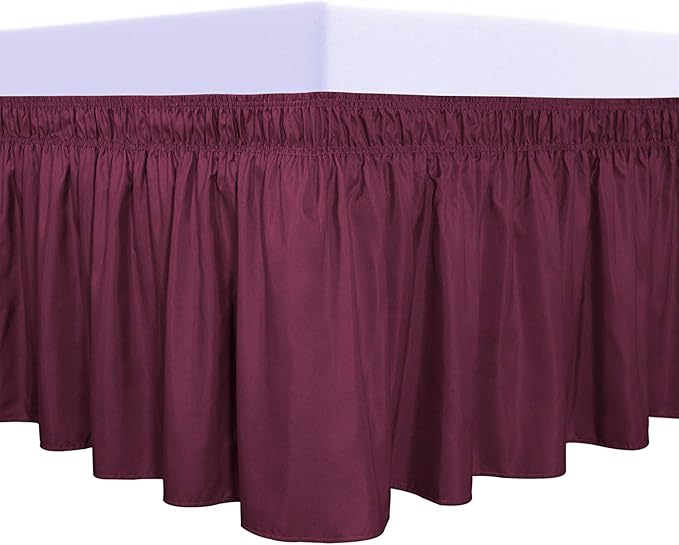 PureFit Wrap Around Ruffled Bed Skirt with Adjustable Elastic Belt - 22 Inch Drop Easy to Put On, Wrinkle Free Bedskirt Dust Ruffles, Bed Frame Cover for Queen, King and C-King Size Beds, Wine
