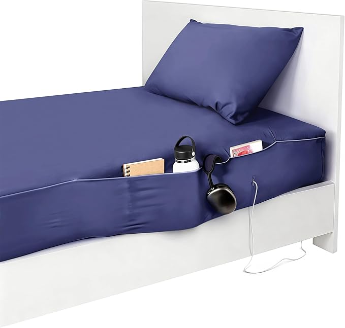 NEST and NOOKS Twin XL Fitted Sheet with Full-Length Storage Pocket | 400 Thread Count | College Dorm Bedding with Side Organizer Panel & Matching Pillowcase | 39" x 80" x 13" | Blue Jean Navy