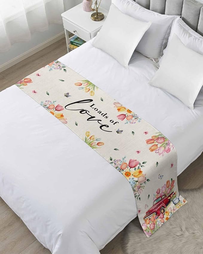 Spring Flower Tulips Red Farm Truck Bed Runners for Bedroom Hotel,Decorative Bedding Scarf Love Colorful Floral Bed End Blanket Bedding Runner Scarves for Queen Size Beds,94x20in