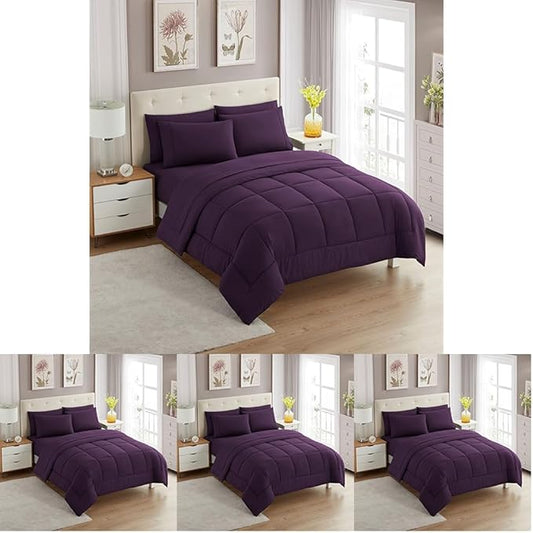 Sweet Home Collection 7 Piece Comforter Set Bag Solid Color All Season Soft Down Alternative Blanket & Luxurious Microfiber Bed Sheets, Purple, Twin (Pack of 4)
